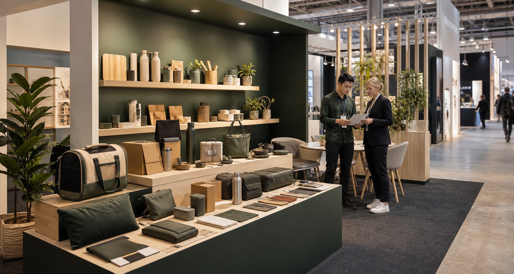 Trade show booth with product samples and buyer discussion